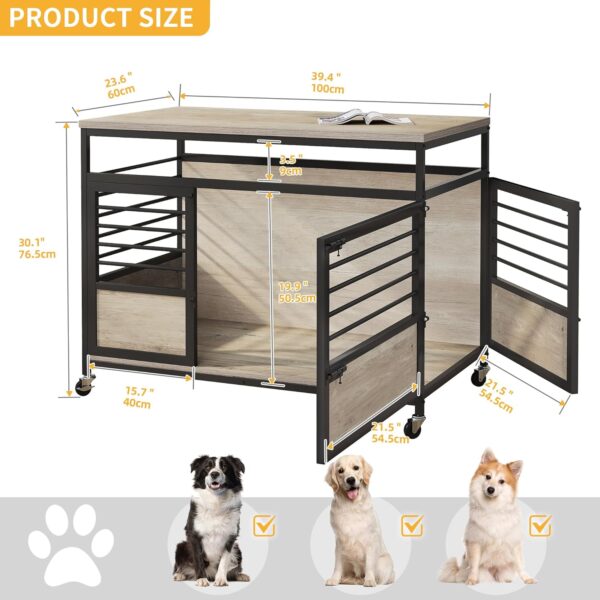 DWVO Dog Crate Furniture, 39.4 Inch Dog Kennel Indoor Furniture End Table Dog Crate for Dogs, Modern Decorative Dog Crate Wooden Dog Crate Furniture with Wheels, Chew-Resistant, Grey - Image 2