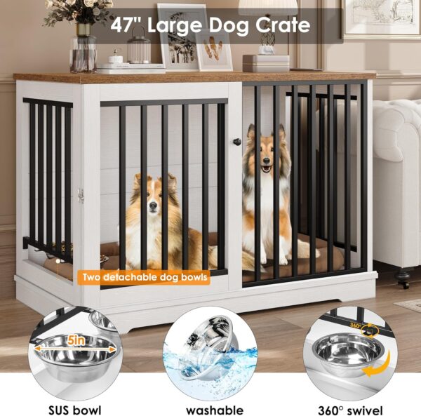 Dog Crate Furniture 47" Large Dog Kennel for Dogs Indoor, Heavy Duty Dog Cage with Sliding Door and 2 SUS Bowls Wooden End Table in Living Room for Small Medium Large Dogs, White - Image 2