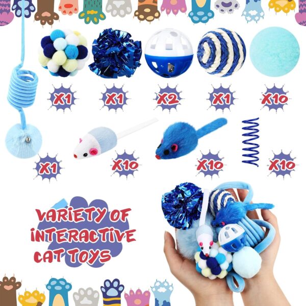 46 Pcs Cat Toys Set Interactive Cat Toys Include Fur Mice Rattle Cat Springs Crinkle Balls Pompom Bell Sisal Ball Puzzle Chase Toys Assorted for Gift Indoor Kitten(Blue) - Image 2