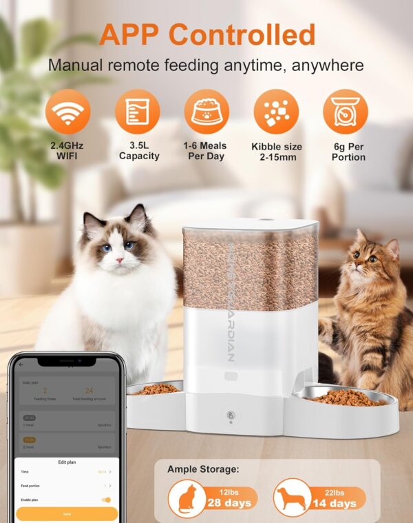 HoneyGuaridan 3.5L Automatic Cat Feeder for Two Cats, 2.4G WiFi Enabled Smart Feed Pet Feeder with Stainless Steel Bowl,APP Control Dispenser, Dual Power Supply,Desiccant Bag,10s Meal Call White - Image 2