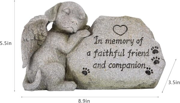 Dog Memorial Stone Statue, Sleeping Dog Angel Figurine Forever in Our Hearts, Dog Grave Markers Outdoor for Deceased Pet, Loss of Dog Memorial Sympathy Gifts Antique Stone Finish 8.86 inch - Image 4