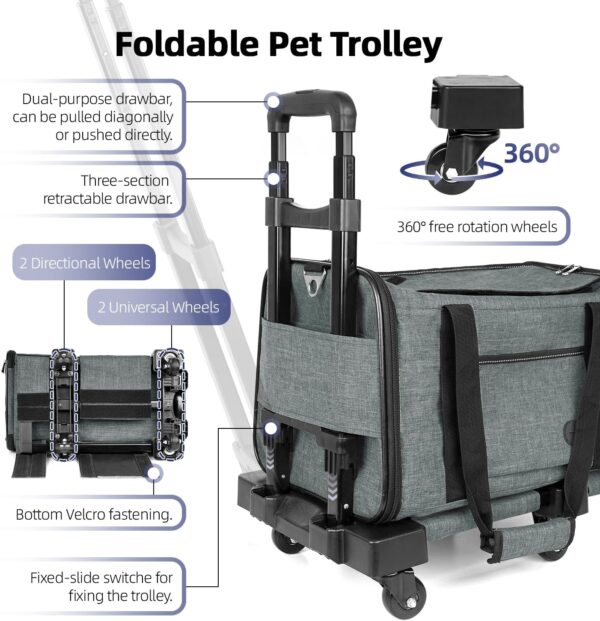 YUDODO 25lbs Large Cat Carrier with Wheels Lightproof Airline Approved Dog Carrier for Small Dog Detachable Rolling Pet Carrier for Traveling Groomers Vet Visits(Gray-Green) - Image 4