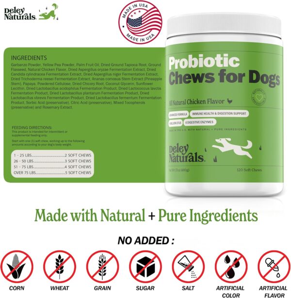 Deley Naturals Probiotics for Dogs - 120 Grain Free Chicken Soft Chews - 4 Billion CFU's, Digestive Enzymes, Prebiotics - Dog Allergies, Diarrhea, Bad Dog Breath, Constipation, Gas, Yeast- Made in USA - Image 6