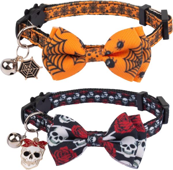 ADOGGYGO Halloween Cat Collars with Bow Bell, Breakaway Cat Bowtie Collar Spider Web Skull Pattern Halloween Collars for Girl Boy Cats Kittens (Halloween-2)