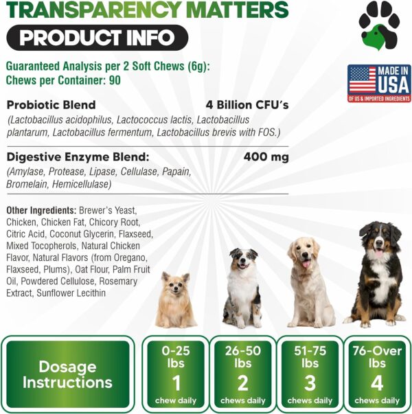 Probiotics for Dogs All Ages - Dog Probiotics for Digestive Health - Digestive Enzymes for Gut Flora, Diarrhea & Bowel Support - Gut Health Support Prebiotics for Dogs - 90 Probiotic Chews for Dogs - Image 5