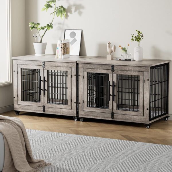 Lulive Dog Crate Furniture, Dog Kennel Indoor Double Doors Wooden Dog Cage, 33'' Heavy Duty Dog Crate with Cushion & Wheels, Decorative End Table Pet House Chew-Resistant for Medium/Small Dog, Grey - Image 9