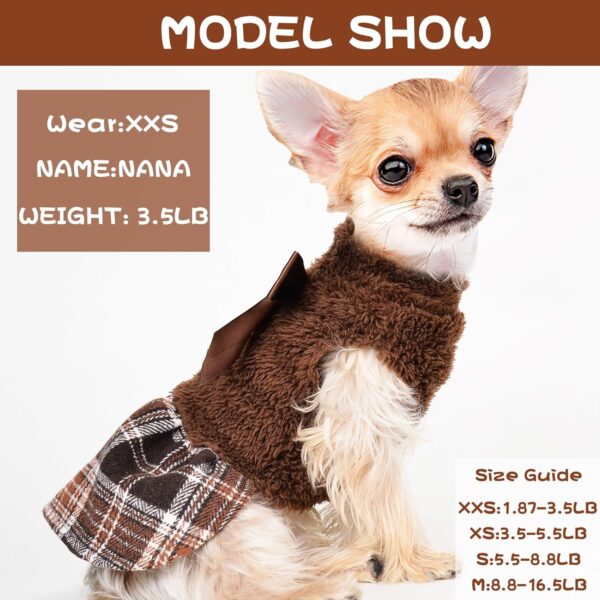 Winter Dog Clothes, Cute Warm Fleece Dog Hooded Sweater, for Small Dogs Girl, Pink Plaid Puppy Dresses Clothes for Chihuahua Yorkie,Cat Apparel (Brown, X-Small) - Image 3