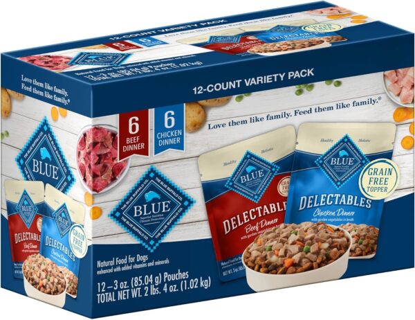 Blue Buffalo Delectables Natural Wet Dog Food Toppers Variety Pack, Tasty Chicken & Hearty Beef, Cuts in Gravy, 3-oz. (12 Pouches, 6 of Each Flavor)