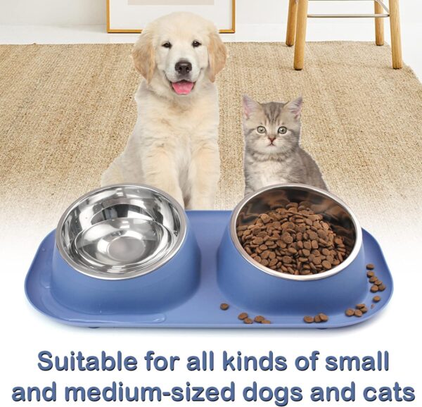 Ptlom Dog Cat Basic Food and Water Bowl Set, 2 Removable Stainless Steel Feeding Bowls with Non-Slip Leak-Proof Plastic Stand Suitable for Small and Medium Pet Puppy Feeder Tableware Supplies, Blue - Image 3