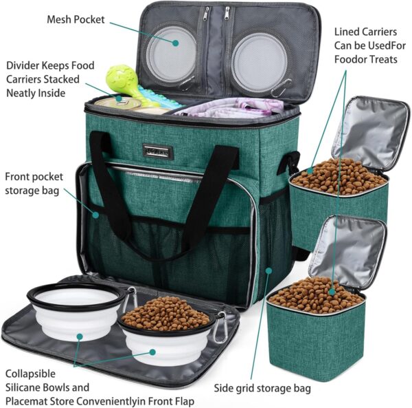 BAGLHER Dog Travel Bag, Pet Travel Bag (All Pet Travel Supplies), with 2 Pet Food Containers and 3 Collapsible Silicone Bowls; Essential Kits for Pet Travel Green - Image 5