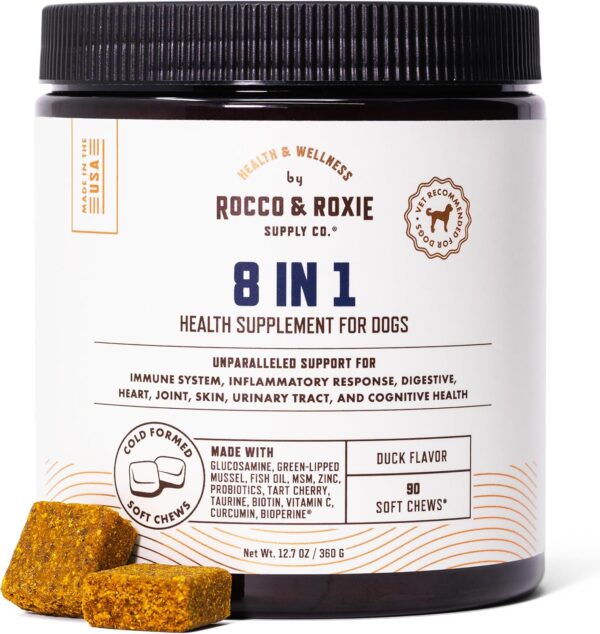 Rocco & Roxie 8 in 1 Dog Vitamins and Supplements, Glucosamine, Green Lipped Mussel Hip and Joint, Probiotics Digestive Health, Immune Skin and Coat, Puppy to Senior Chewable Multivitamin, 90 ct chews