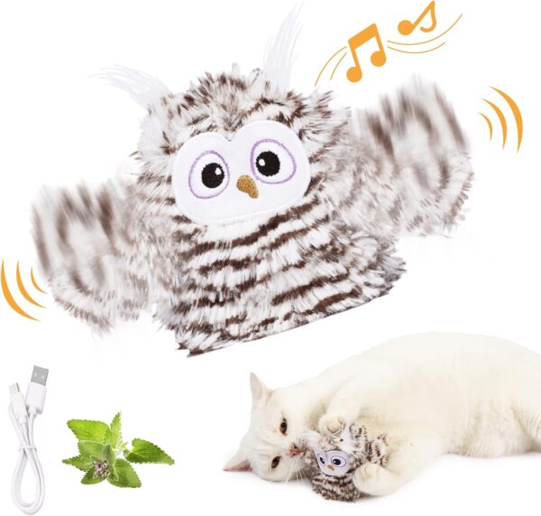 Interactive Cat Toy Rechargeable Automatic Chirping Owl Cat Toy with Catnip, Auto Beating Wings Flying Bird Cat Toys for Indoor Cats to Play Alone, Never Boredom