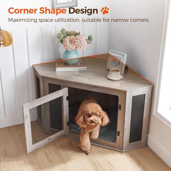 Corner Dog Crate Furniture, Wooden Dog Kennel End Table, Decorative Pet Crate Indoor Use, Furniture Style Dog House for Small Medium Dog, Dog Cage TV Stand, Greige and Black DCHG0801 - Image 2