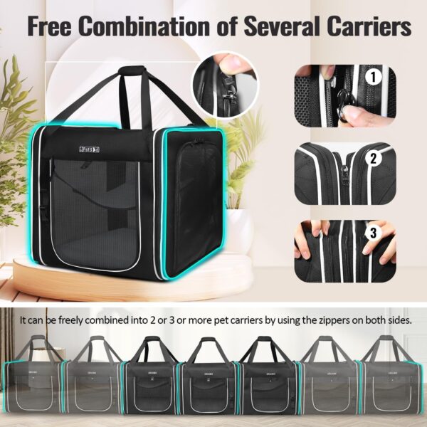 Combinable Pet Carrier for Large Cat or Medium Dog, 18"x17"x17" Large Cat Carrier for Car Travel, 2 Small Pet Soft Carrier with Food Bag, Bowl and Safety Locking Zippers for Vet, Camping - Image 4