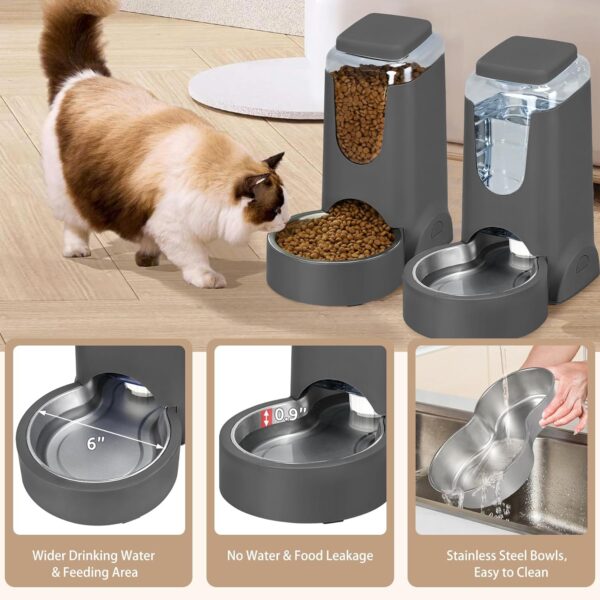 2 Pack Automatic Cat Feeder and Stainless Steel Water Dispenser, Gravity Dog Waterer Set Food Feeder and Waterer Set for Small Medium Kitten Puppy Pets(1 Gallon x 2, Charcoal Gray) - Image 6