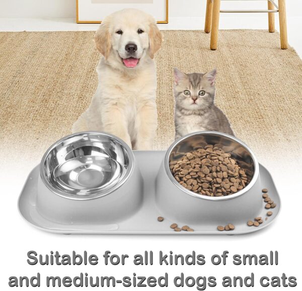 Ptlom Dog Cat Basic Food and Water Bowl Set, 2 Removable Stainless Steel Feeding Bowls with Non-Slip Leak-Proof Plastic Stand Suitable for Small and Medium Pet Puppy Feeder Tableware Supplies, Grey - Image 7