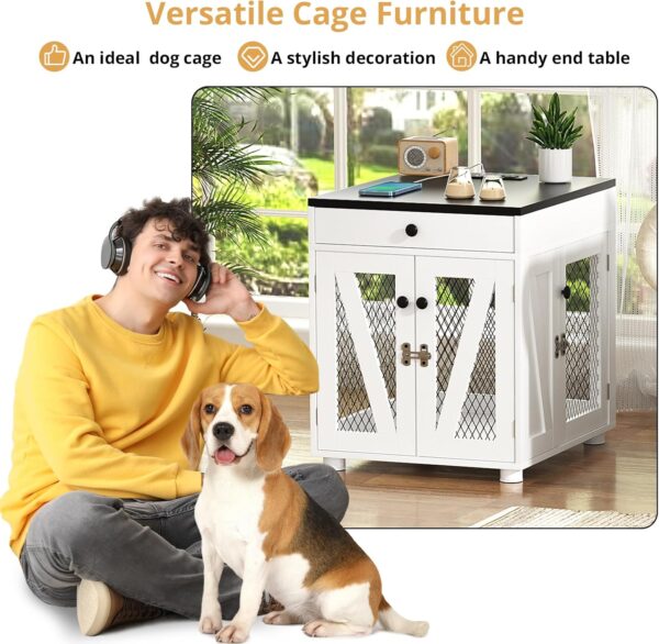 VOWNER Dog Crate Furniture, Wooden Dog Kennel End Table with USB Charging Station, Storage Drawer, Double Latched Door, Furniture-Style Crate Side Table for Small Dogs Under 25 lbs Indoor Use, White - Image 6