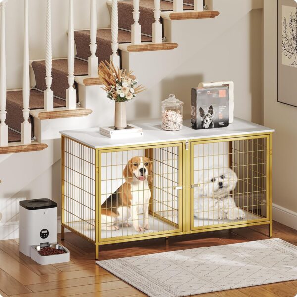 Dog Crate Furniture for 2 Dogs, 43.3" Dog Kennel with Removable Divider, Heavy Duty Wooden Dog Kennel for Small Medium Dog, Indoor Dog Cage End Table with Double Doors, White DCJW1201 - Image 3