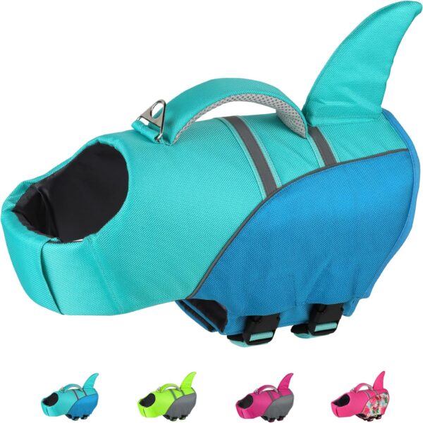 Dog Life Jacket High Buoyancy, Cute Shark Dog Life Vest for Swimming Boating with Rescue Handle, Reflective Adjustable Puppy Swim Vest Pet Life Jacket for Small Medium Large Dogs (M)