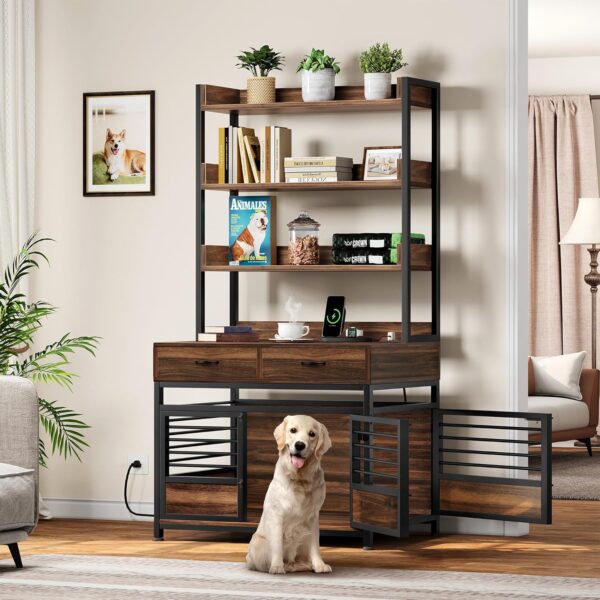 DWVO Dog Crate Furniture with Storage Shelves, Heavy Duty Dog Crate with Drawers & Charging Station, 39 Inch Dog Kennel Indoor Furniture for Large Dogs, Modern Dog Crate with Double Doors, Brown - Image 2