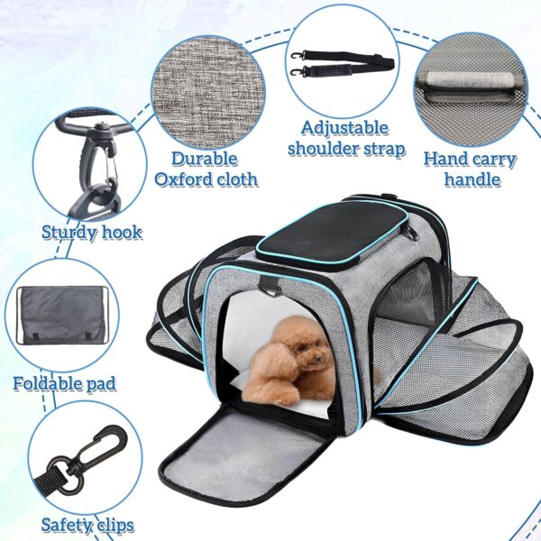 kathson Cat Dog Carrier Airline Approved, 2 Sides Expandable Portable Foldable Soft Sided Pet Travel Carrier, Pet Hand Bag with Removable Pad for Cats/Puppy and Small Animals (Gray with Blue Trim) - Image 6