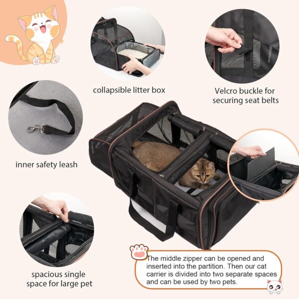 Cat Carrier for 2 Cats, Cat Travel Carrier with Litter Box, Portable 2-in-1 Double Cat Carrier, Pet Travel Carrier with Litter Box for Long Distance Travel, Black - Image 3