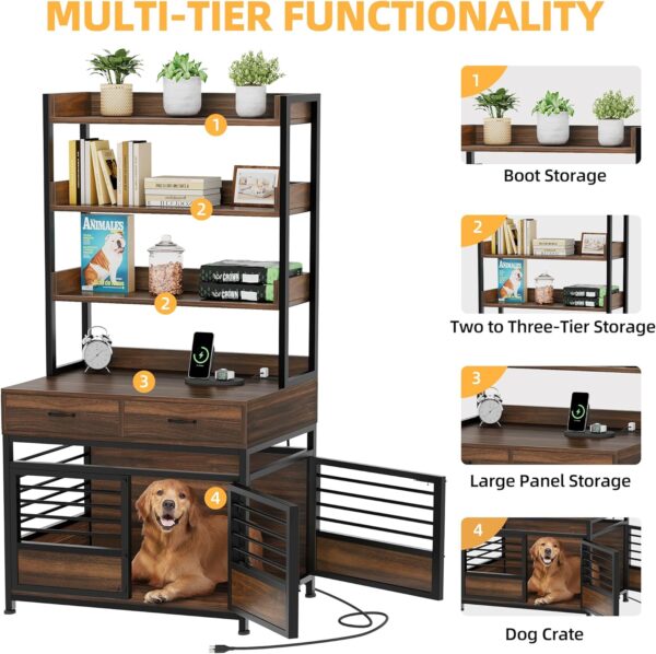 DWVO Dog Crate Furniture with Storage Shelves, Heavy Duty Dog Crate with Drawers & Charging Station, 39 Inch Dog Kennel Indoor Furniture for Large Dogs, Modern Dog Crate with Double Doors, Brown - Image 7