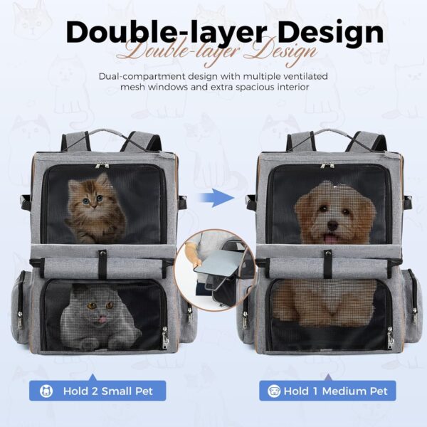 Lekebobor Double Cat Backpack Carrier for 2 Cats, Double-Compartment Pet Carrier Backpack for Two Small Cats or One Medium Dogs, Cats Carrier Backpack Dog Carrier Backpack Fits Up to 24 Lbs,Grey - Image 2