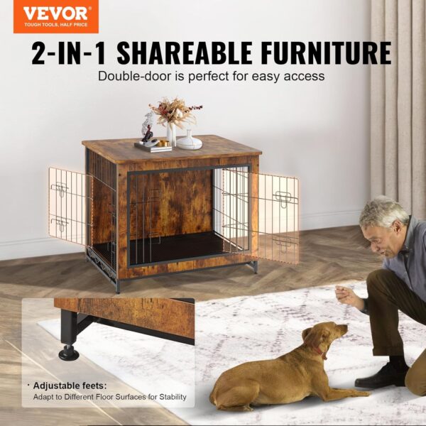 VEVOR Dog Crate Furniture, 32 inch Wooden Dog Crate with Double Doors, Heavy-Duty Dog Cage End Table with Multi-Purpose Removable Tray, Modern Dog Kennel Indoor for Dogs up to 45lb, Rustic Brown - Image 2