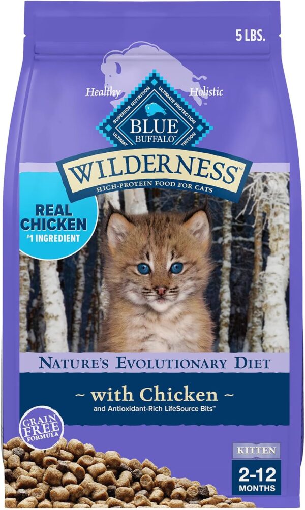 Blue Buffalo Wilderness Natural Kitten Dry Cat Food, with DHA and ARA to Support Brain and Eye Development, High-Protein and Grain-Free Diet, Chicken, 5-lb. Bag