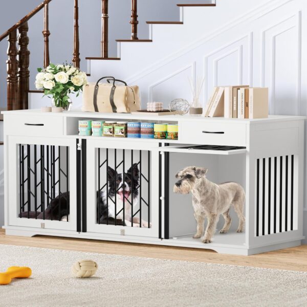 YITAHOME Dog Crate Furniture with 3 Rooms, 70.9" Dog Kennel Indoor with 2 Drawers, Heavy Duty Wooden Dog Crate for 3 Small Medium Dogs, White - Image 5