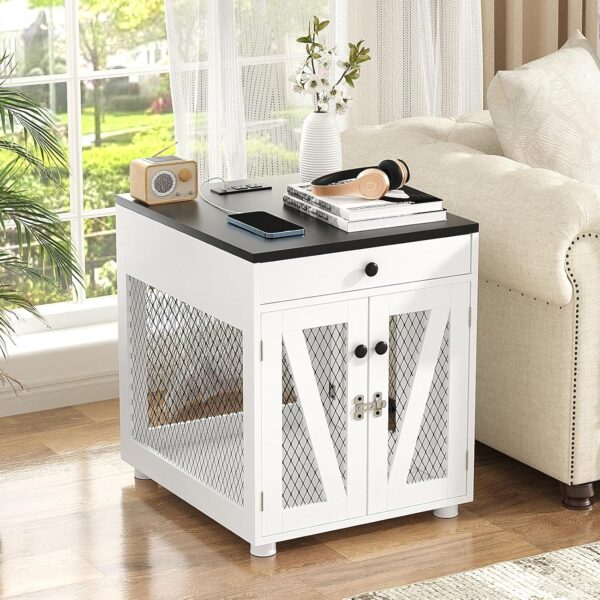 VOWNER Dog Crate Furniture, Wooden Dog Kennel End Table with USB Charging Station, Storage Drawer, Double Latched Door, Furniture-Style Crate Side Table for Small Dogs Under 25 lbs Indoor Use, White - Image 7