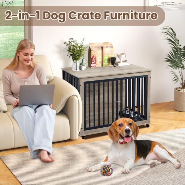 Large Dog Crate, Dog Crate Furniture for Large Dog Medium Dog, 44 Inch, Large Dog Kennel Indoor with 2 Removable Dog Bowls, Flip-Up Top Opening and Wheels, Heavy Duty Dog Crate, Grey - Image 7