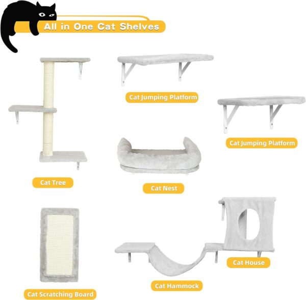 Wall Mounted Cat Furniture, 6pc Cat Wall Furniture, Cat Climber with Cat House, Bridge, Tree, Steps, and Scratcher, DIY Cat Walls Playground, Cat Shelves for Indoor Wall Furniture Set - Grey - Image 4