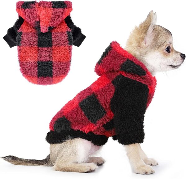 Fleece Dog Hoodie Clothes Dog Sweaters for Small Dogs, Winter Cute Warm Leopard Puppy Chihuahua Sweater, Pet Doggie Sweatshirt for Chihuahua Yorkie Teacup, Cat Apparel (plaid red, X-Small)