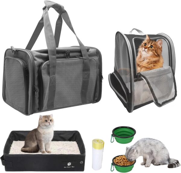 3-in-1 Pet Travel Kit, Cat/Dog Backpack Carrier, Soft-Sided Pet Carrier Airline Approved & Collapsible Cat Litter Box, Pet Essentials for Outdoor Traveling