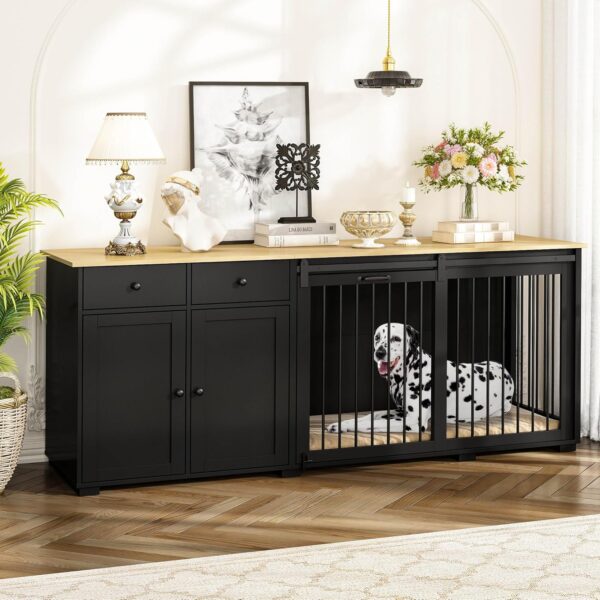 Large Dog Crate Funiture with Drawers, 78.7" Luxury Wooden Heavy Duty Dog Kennel Table Furniture with Sliding Door, Indoor Dog House TV Stand for Large Medium Breed Dogs, Black - Image 2