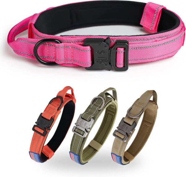 KCUCOP Tactical Dog Collar with Handle,Adjustable Military Dog Collar with Metal Buckle and Patches,Heavy Duty Dog Collars for Medium and Large Dogs (Pink-L-Reflective)