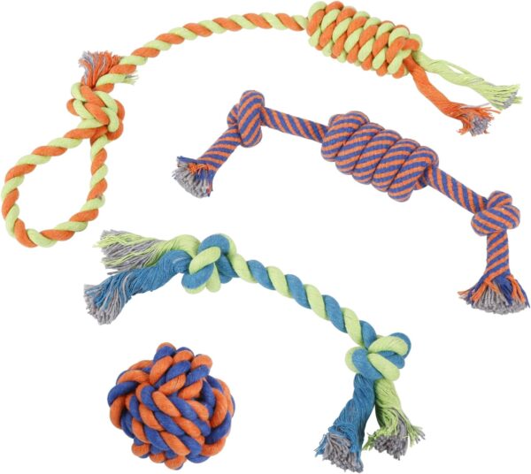 Dog Chew Rope Toys – Set Of 4 Ropes - For Large, Small Teething Pets – All Puppy Breeds Aggressive Chewers – 100% Cotton for Natural Floss – With Ball, Tough Teething Rope, Tug-Of-War & Fetching Bone