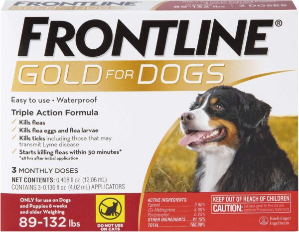 Frontline Gold Flea & Tick Treatment for X-Large Dogs Up to 89 to 132 lbs., Pack of 3