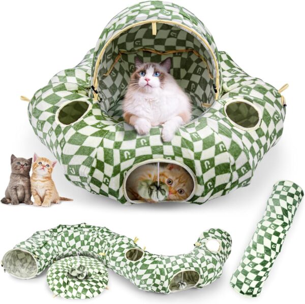 OUHOU Cat Tunnel Bed for Indoor Cats, Cat Donut Tunnel with Straight Tunnel, Washable Circle Cushion, 4 Hanging Balls and 6 Peek Holes, Collapsible Pet Play Tunnel Toy, Green