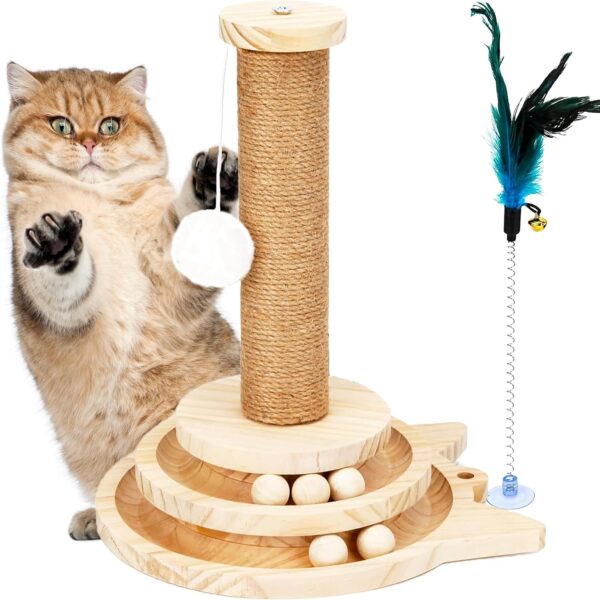 Premium Exquisite Cat Playground - 14" Interactive Scratching Post with Wooden Ball Track, Dual Sisal Layers, and Stimulating Toy for Healthy Cat Claws and Endless Entertainment