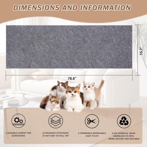 78.7”x15.8” Trimmable Cat Scratching Post Carpet Self-Adhesive Covered Cat Tree Cat Scratcher Replacement Mat DIY Shelves Steps Couch Furniture Protector,Grey … - Image 2