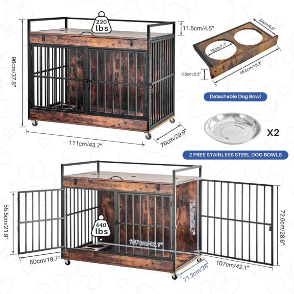 Extra Large Dog Crate Furniture, Dog Crates Furniture for Medium/Large Dogs Indoor, Heavy Duty Dog House with Wheels, Feeder Bowls & Flip Top, Large Dog Crate 43.7" L x 29.9" W x 37.8" H - Image 2