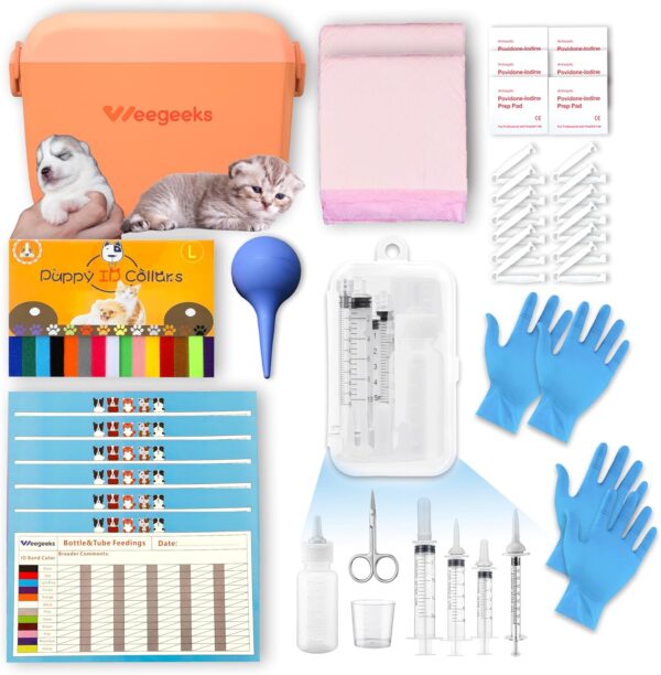 54Pcs Whelping Kit for Puppies Birth - Comprehensive Puppy and Kitten Birthing and Feeding Supplies with ID Collars, Record Sheets, Storage Box, etc, Newborn Puppy Kitten Whelping Supplies