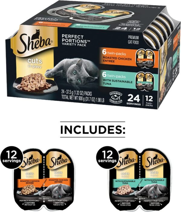 SHEBA PERFECT PORTIONS Cuts in Gravy Wet Cat Food Trays (12 Count, 24 Servings), Signature Tuna and Roasted Chicken Entrée, Easy Peel Twin-Pack Trays - Image 2