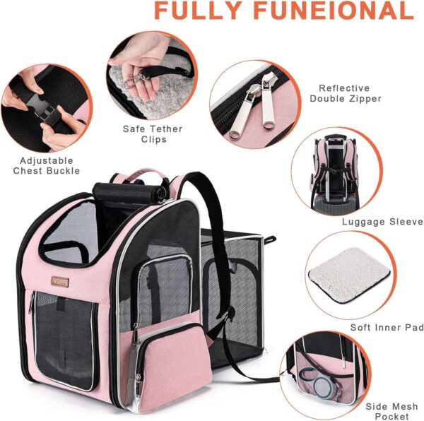 Cat Backpack Carrier, Dog Backpack Carrier for Small Dogs Medium Cats, Airline Approved Expandable Pet Backpack Carrier for Small Dogs Puppies Medium Cats Fit Up to 18 Lbs, Pink - Image 3