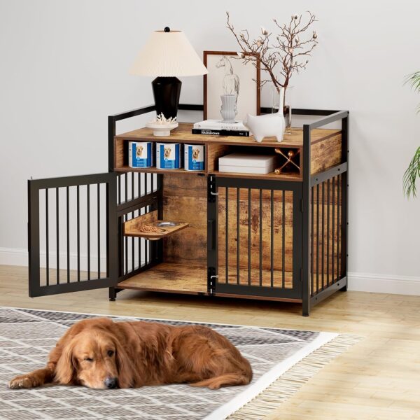 Large Dog Crate Furniture, 41inch Furniture Dog Crate with Drawers Storage, 360°and Adjustable Raised Feeder, Wooden Dog Crate for Large/Medium Dog Indoor brown 41inch - Image 7