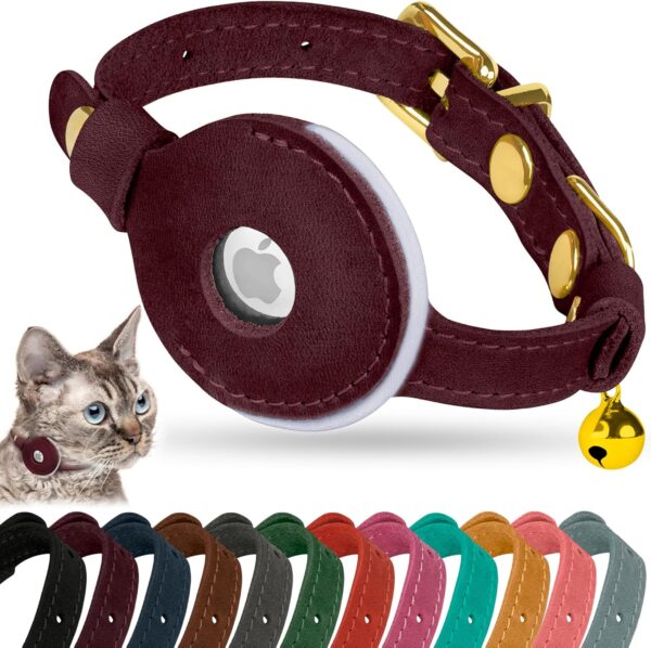 Reflective Leather AirTag Cat Collar with Bell - Non Breakaway Adjustable Pet Collar with Apple Air Tag Holder - Lightweight GPS Kitten Collars for Small Dogs Puppy (Burgundy)