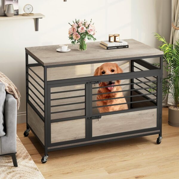 DWVO Dog Crate Furniture, 39.4 Inch Dog Kennel Indoor Furniture End Table Dog Crate for Dogs, Modern Decorative Dog Crate Wooden Dog Crate Furniture with Wheels, Chew-Resistant, Grey - Image 6